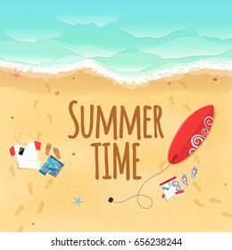 Summer time. Clothes and accessories lie on the seashore. Top view of the beach. A board for surfing red with a pattern. Text on the sand. Vector illustration. EPS 10