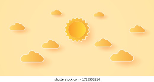 Summer Time, Cloudscape, bright sky with clouds and sun, paper art style