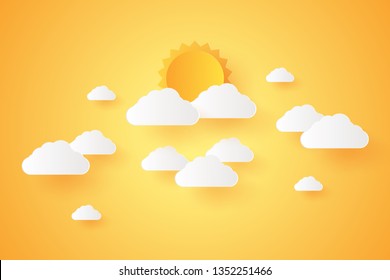 Summer Time, Cloudscape, sky with cloud and sun, paper art style