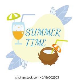 Summer Time Cocktail Flat Web Banner Template. Tropical Beach Bar Alcoholic Beverages Cartoon Vector Illustration. Coconut Exotic Juice. Summertime Delicious Fresh Drinks Poster with Typography