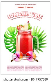 Summer time cocktail party poster template. Realistic smoothie mason glass jar retro sunglasses tropical leaves background. Vector strawberry watermelon fruit juice drink with sliced apple mint