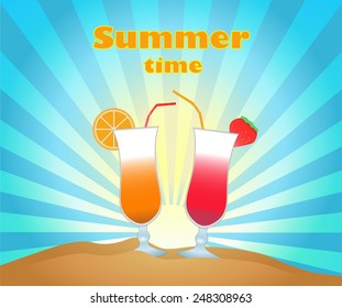 Summer time with cocktails on sand