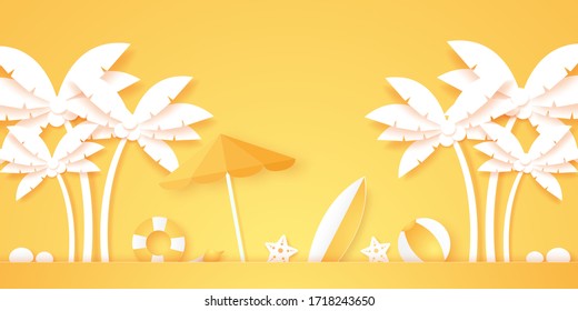 Summer time, coconut palm tree with summer stuff, paper art style