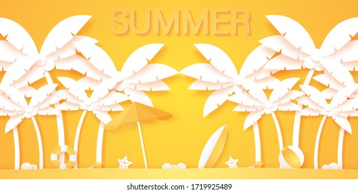 Tiempo de verano, palmera de coco con productos de verano, estilo de arte de papel