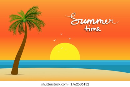 verano con cocoteros y vistas a la playa al atardecer. paisaje nocturno en la playa.  ilustración vectorial 