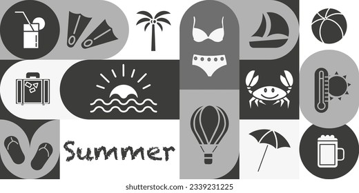 Summer time collection. Black and white summer icons in geometric Scandinavian shapes. EPS 10.