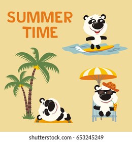Summer time. Collection cartoon panda bear surfing, laying under palm tree, resting in sun lounger with cocktail.