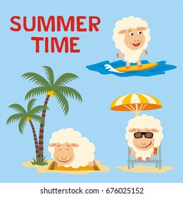 Summer time. Collection cartoon sheep surfing, laying under palm tree, resting in sun lounger with cocktail.