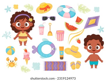 Summer time. Collection ethnic dark-skinned children beachgoers. Happy girl and boy with beach accessories and clothes, crab, ice cream and watermelon. Isolated vector illustration in cartoon style