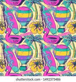 Summer time color creative hand drawn seamless pattern. Tropical vacation beach activities pink backdrop. Air balloon, hibiscus flower, surfing board doodles background. Summertime wallpaper design
