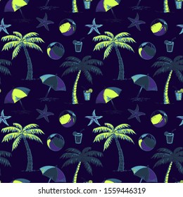 Summer time color creative hand drawn seamless pattern. Tropical vacation beach activities pink backdrop. Surfing board doodles background. Summertime wallpaper design