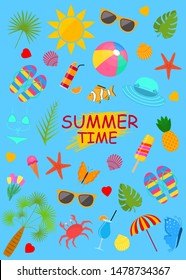 Summer Time Color Elements Set on a Blue Include of Sunglasses, Sun, Palm, Pineapple, Ball, Hat and Umbrella. Vector illustration