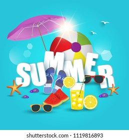 summer time. colorful beach and summer elements. vector illustration