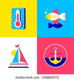 Summer time - colorful flat design style elements. High quality unusual collection of bright images. A thermometer, fish, ship, anchor. Traveling, water transport, seasonal concept