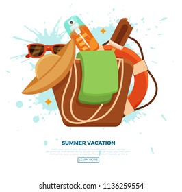 Summer time colorful vector concept. Beach sea background with vacation design elements. Cartoon style illustration for traveling, promotion, banners, web, advertisement