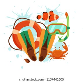 Summer time colorful vector concept. Beach sea background with vacation design elements. Cartoon style illustration for traveling, promotion, banners, web, advertisement