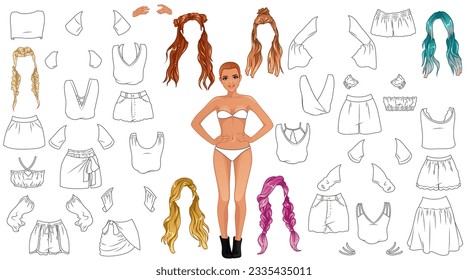 Summer Time Coloring Page Paper Doll with Cute Cartoon Character, Outfits and Hairstyles. Vector Illustration