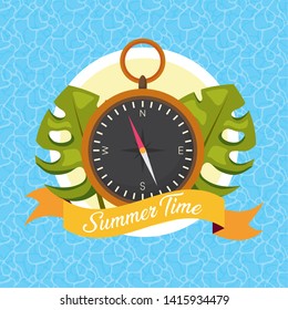 summer time compass tropical leaves pool background vector illustration