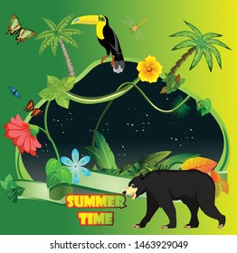 Summer time composition, black bear, butterflies, toucan bird, and iscects, nature vector