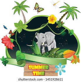 Summer time composition, elephant, parrot, butterflies, birds, and iscects, nature vector