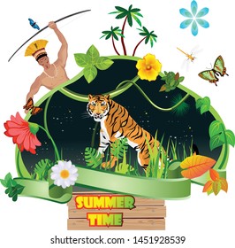 Summer time composition,tiger, man, parrot, butterflies, birds, and iscects, nature vector
