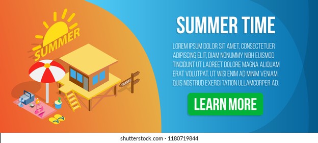 Summer time concept banner. Isometric banner of summer time vector concept for web, giftcard and postcard
