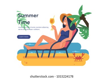 Summer time concept banner with text place. Woman laying on tropical beach and drinking cocktail. Flat style vector illustration isolated on white background.