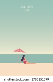 Summer time concept, beautiful bikini woman sitting on the beach background vector illustration. Summer beach holidays concept background