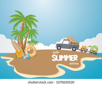 Summer time concept with Car drive in the Island with a surfboard on the roof  and drag the Sandals,Life ring,Diving mask into the trailer  in summer season,vector and illustration.