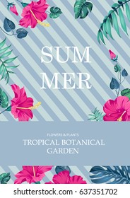 Summer time concept of card with blooming flowers isolated over blue background. Vector illustration.