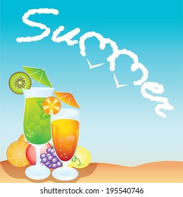Summer time concept with cocktails and fresh fruits on a beach 
