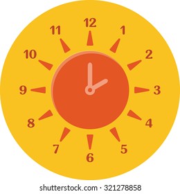 Summer time concept. Combined clock and sun. Vector flat design