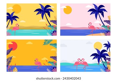 Summer time concept design collection with landscape  panorama of sea and beach. vector illustration