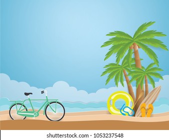 Summer time concept with green bicycle and surfboard,Sandals,Life ring, Snorkel and Paddle under the coconut trees on the beach,vector and illustration.