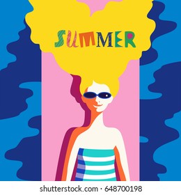 Summer time concept. Hand drawn fancy letters. Retro poster in pop art style. Beach season fun rest. Blondy girl laying on beach. Beautiful young woman in sunglasses. Vector summer holiday background