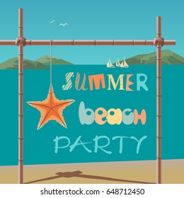Summer time concept. Hand drawn cartoon retro style. Fancy letters headline in bamboo frame. Blue sea scenic scape, starfish. Beach season fun rest. Vector summer holiday vintage background template
