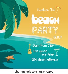 Summer time concept. Hand drawn retro poster style. Fancy letters headline. Design for beach party invitation template. Sea vacation season of fun and rest. Vector summer holiday vintage background