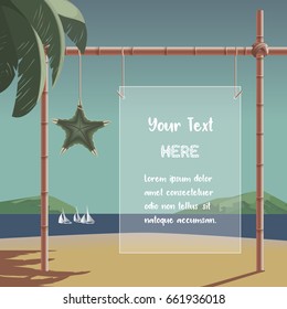 Summer time concept. Hand drawn retro poster style. Place for your text. Design for beach event or travel trip template. Sea vacation season of fun and rest. Vector summer holiday vintage background