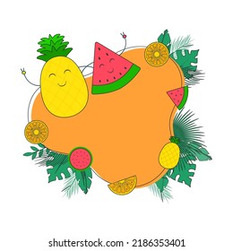 Summer time concept with happy pineapple, watermelon and green leaves with space for your message.