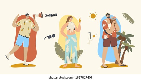 Summer Time Concept. Man with Megaphone Advertisement Announcement, Sale Promo. Male and Female Characters in Beach Clothes Drinking Cocktails. Holidays, Vacation. Cartoon People Vector Illustration