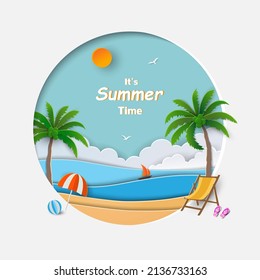 Summer time concept on paper cut out round frame,view of blue sea with beach,coconut tree,umbrella,ball and slipper,vector illustration