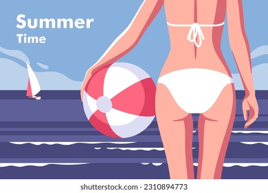 Summer time. Concept of summer party and travel. Girl in a swimsuit with a ball on the beach. Vector illustration for mobile and web graphics.