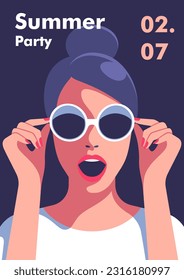 Hora de verano. Concepto de fiesta de verano y viajes. Retrato de mujer hermosa con gafas de sol. Ilustración vectorial para gráficos móviles y web.