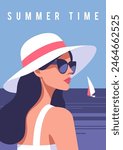 Summer time. Concept of summer party, vacation and travel. Woman in a hat and sunglasses on the beach. Vector illustration in minimalistic style.	