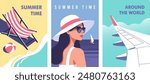 Summer time. Concept of summer party, vacation and travel. Perfect background on the theme of season vacation, weekend, beach. Vector illustration in minimalistic style for posters, cover art, flyer.
