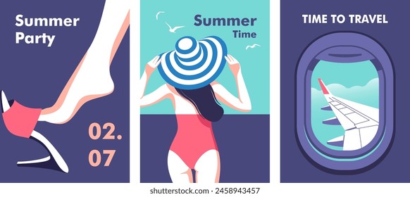 Summer time. Concept of summer party, vacation and travel. Perfect background on the theme of season vacation, weekend, beach. Vector illustration in minimalistic style for posters, cover art, flyer.