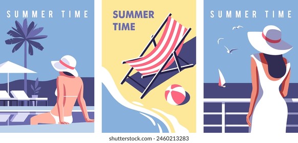 Summer time. Concept of summer party, vacation and travel. Perfect background on the theme of season vacation, weekend, beach. Vector illustration in minimalistic style for posters, cover art, flyer.