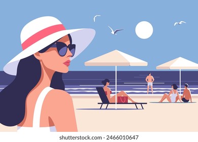 Summer time. Concept of summer party, vacation and travel. Woman in a hat and sunglasses on the beach, and people sunbathing on the background of the shore. Vector illustration in minimalistic style.