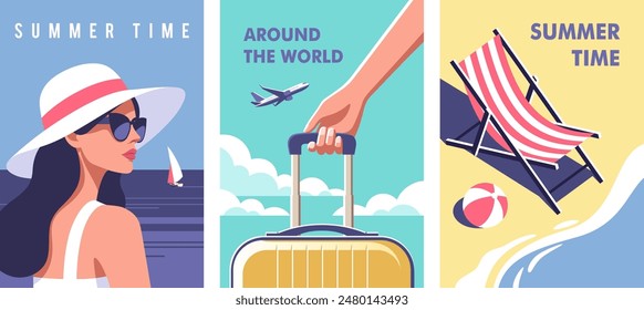 Summer time. Concept of summer party, vacation and travel. Perfect background on the theme of season vacation, weekend, beach. Vector illustration in minimalistic style for posters, cover art, flyer.