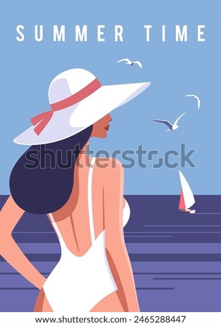 Summer time. Concept of summer party, vacation and travel. Woman on the beach in a swimsuit and hat. Vector illustration in minimalistic style.
